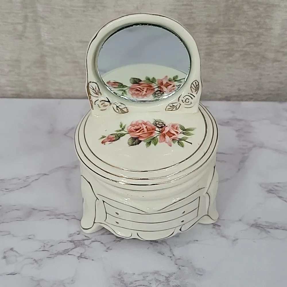 Jewelry Trinket Box Dresser Vanity with Mirror Vintage Floral Cream